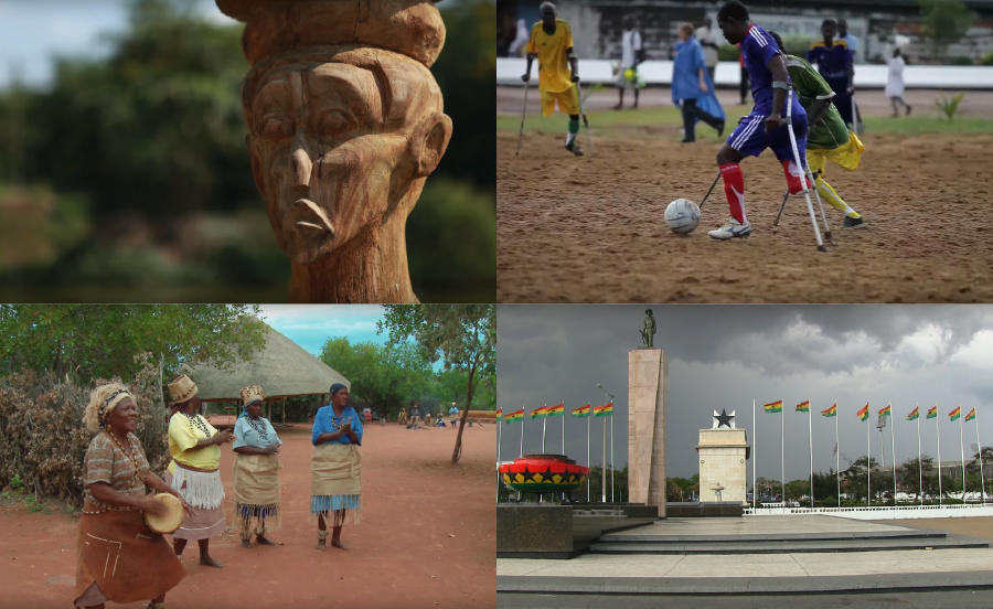 Images of a statue, disabled athletes, women, and flags