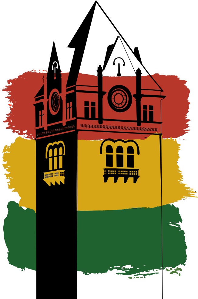 illustrated building with red, yellow, and green paint strokes behind