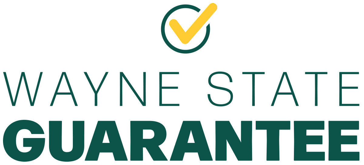 "Wayne State Guarantee" typographic title in green with a yellow checkmark on top of a green circle outer stroke logo floating above the title